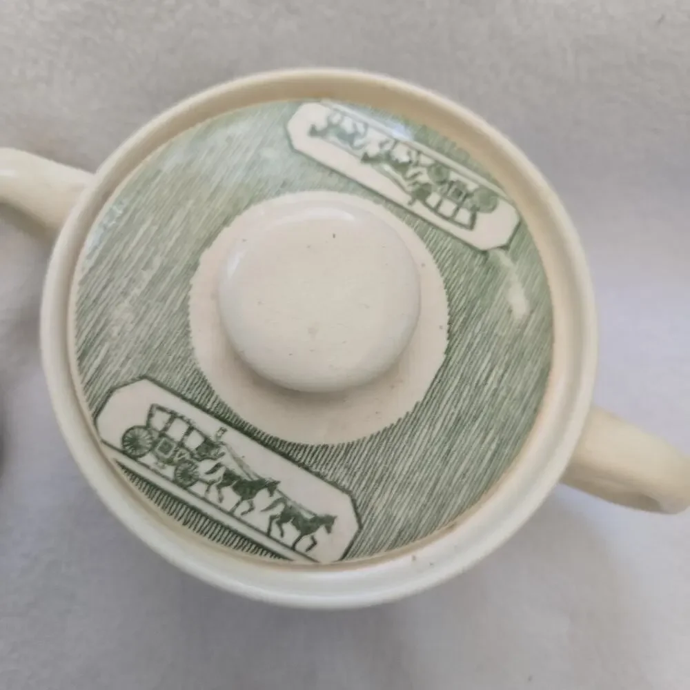 MCM Creamer and Sugar Bowl, Horse and Carriage, Cream and Green COTTAGE CORE